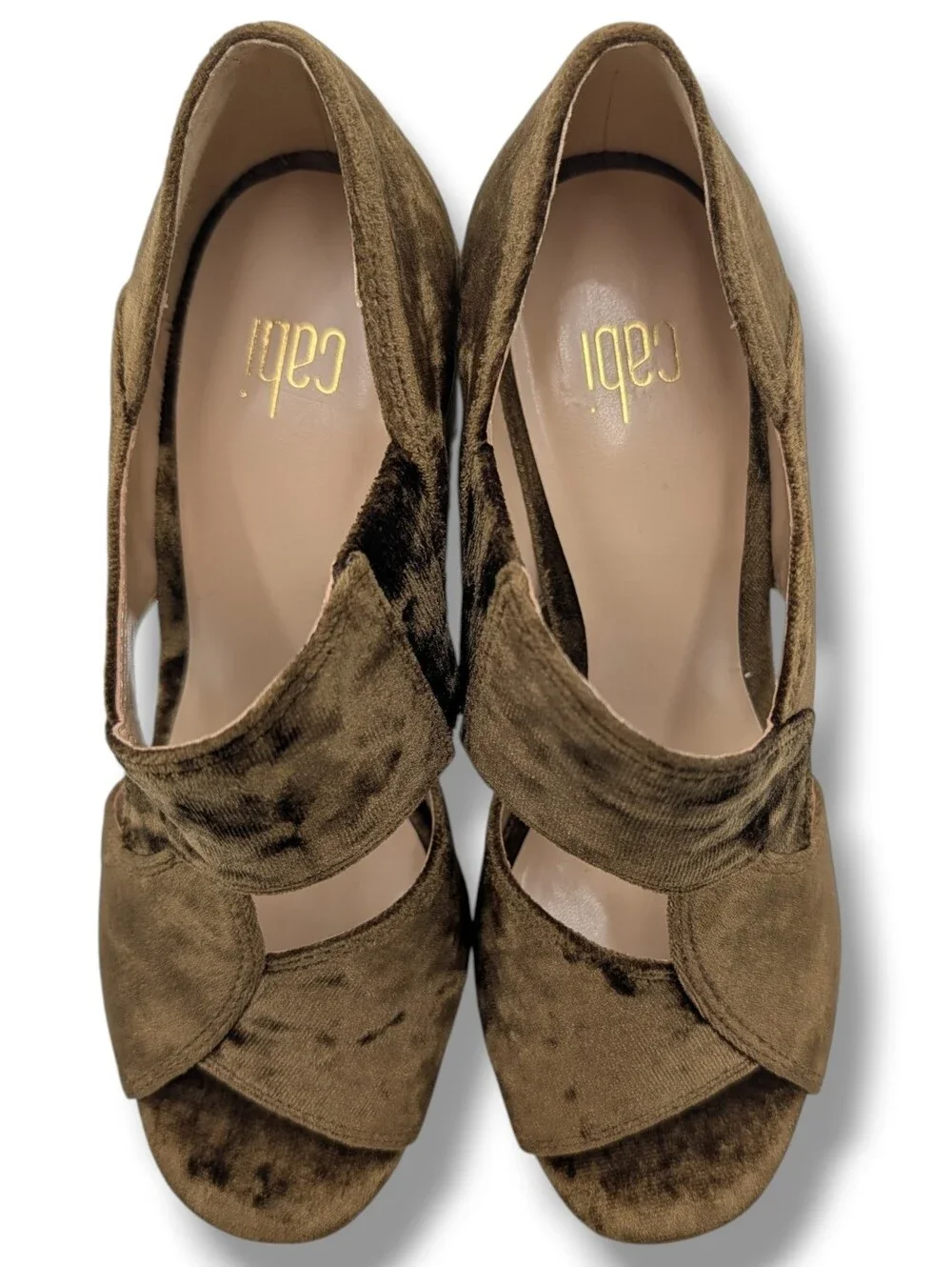 CAbi Interlock Sz 6 Crushed Velvet Sandal Olive Green Peep Toe Block Heel